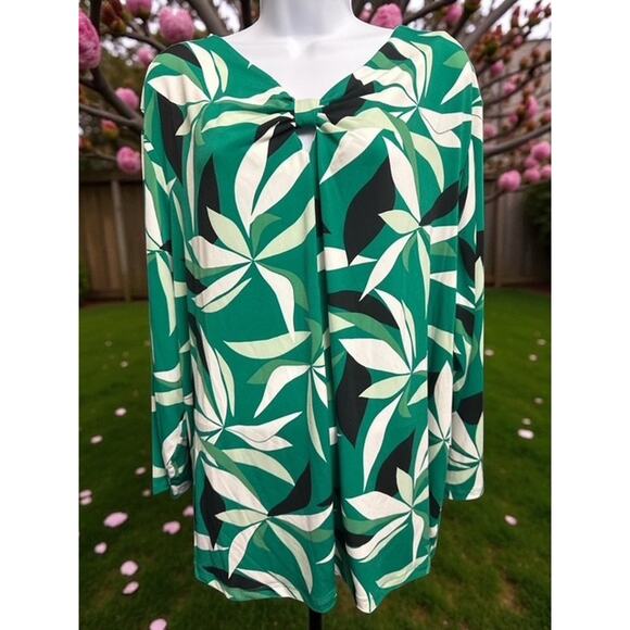 Liz Claiborne 3X Top Green Floral Tropical Winter Weekend Stretch 3/4 Sleeves - Picture 2 of 4